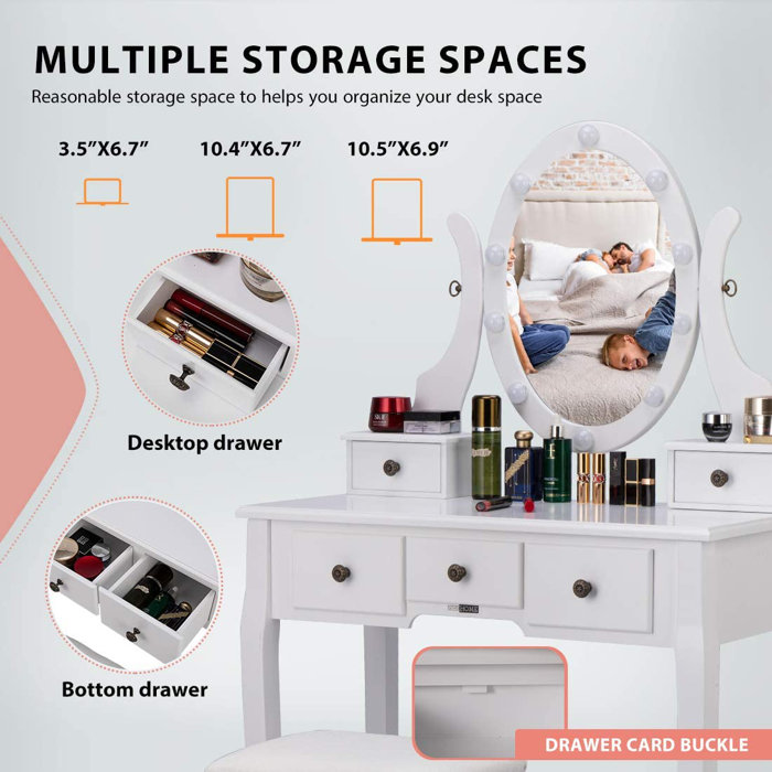 Rosdorf Park HayterMakeup Vanity Set with Rotating Lighted Mirror and